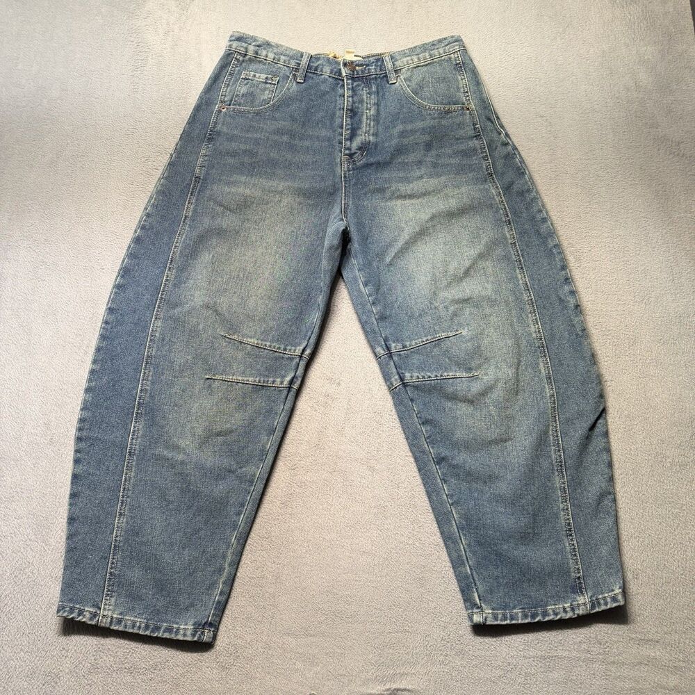 Sage + Fig Womens M Wide Leg Barrel Jeans Blue High Rise Button Fly Denim NWT